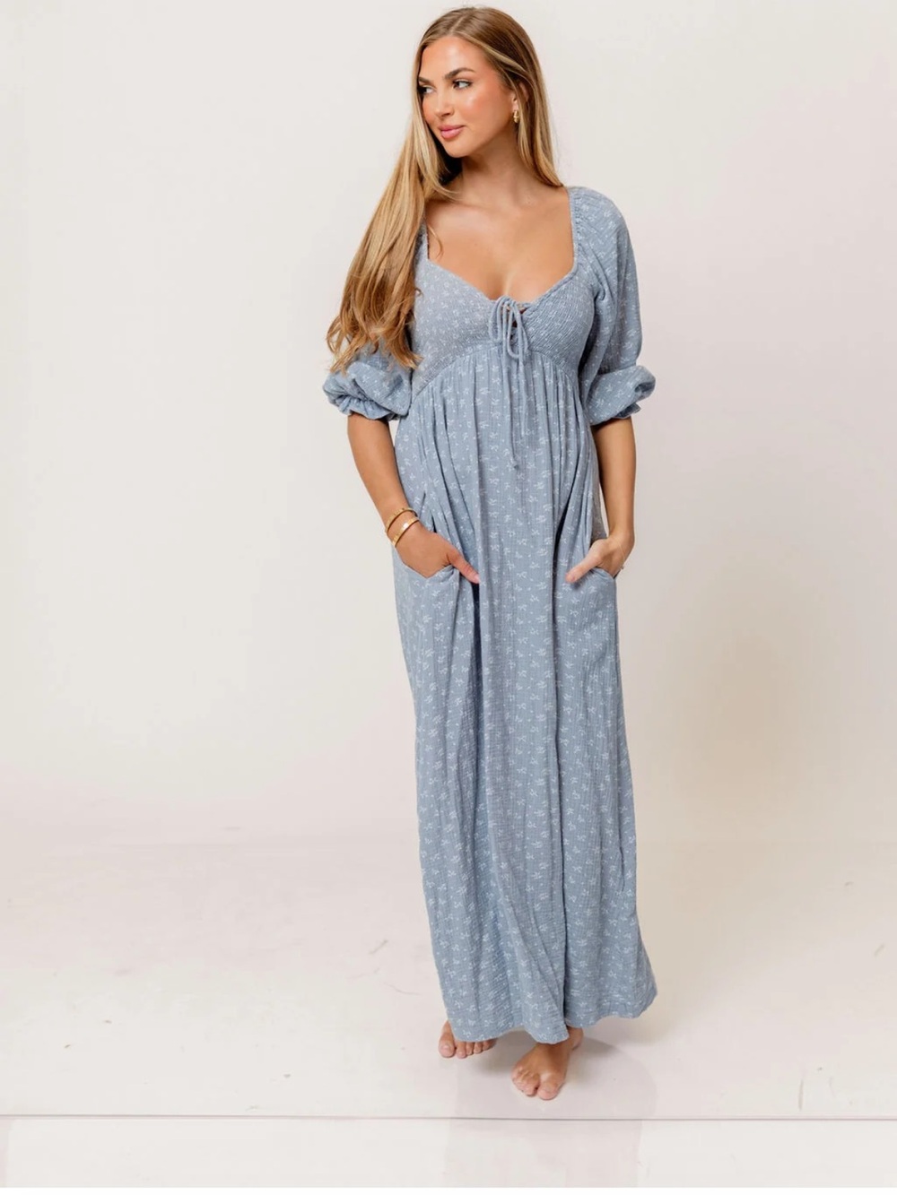 Worth Collective Cecilia Teal Blue Floral Maxi Dress with Tie Front